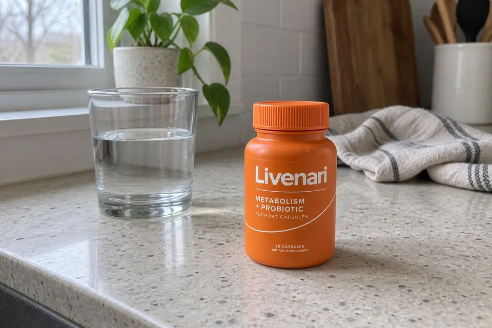 Livenari capsules beside a glass of water on a kitchen counter.
