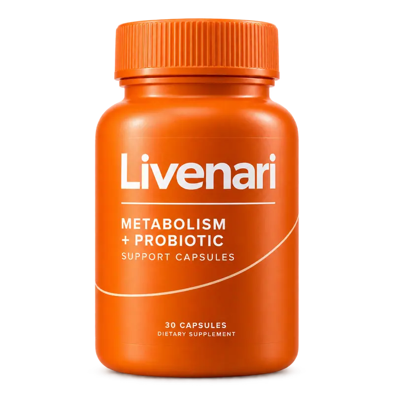 Orange Livenari Metabolism + Probiotic Support bottle, 30 capsules